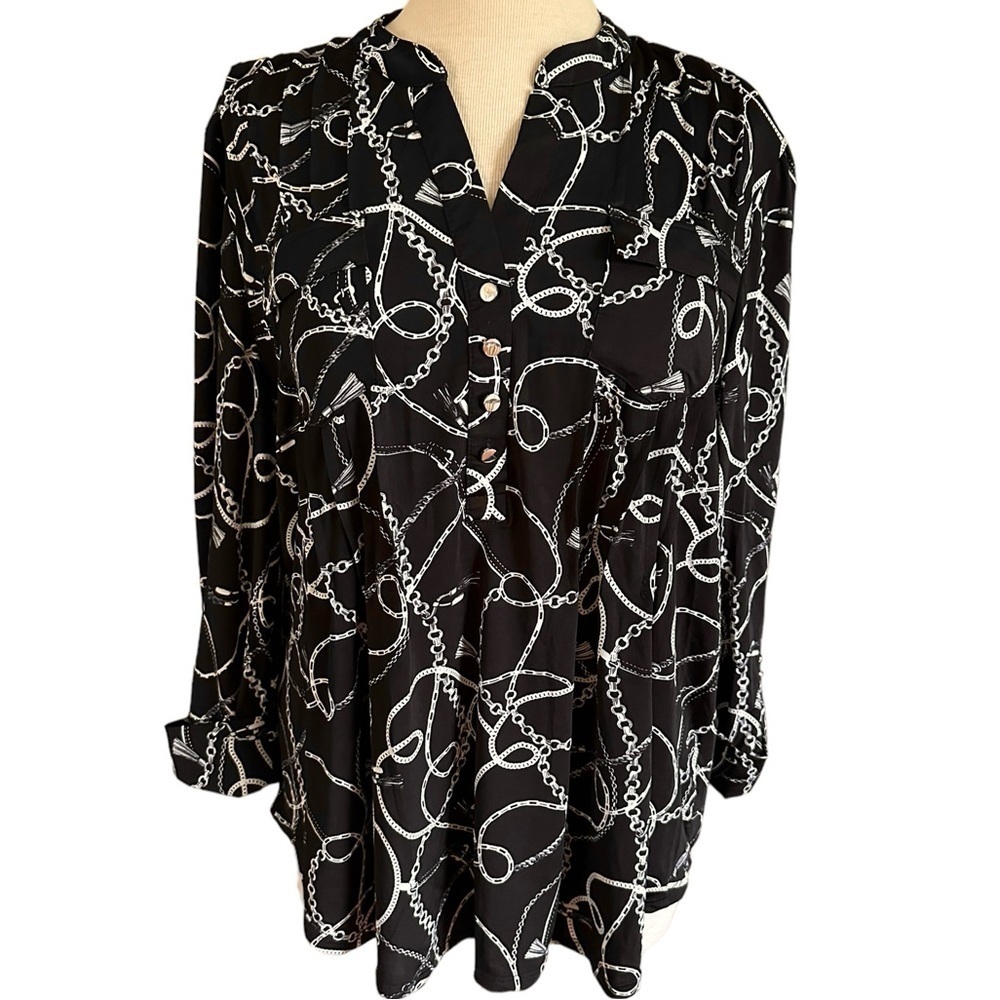 COCOMO XL Black White 3/4 sleeve women’s Pintuck Blouse top shirt tunic